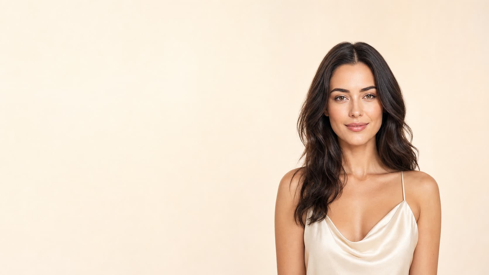 Adult woman in a warm ivory luxury skincare editorial portrait